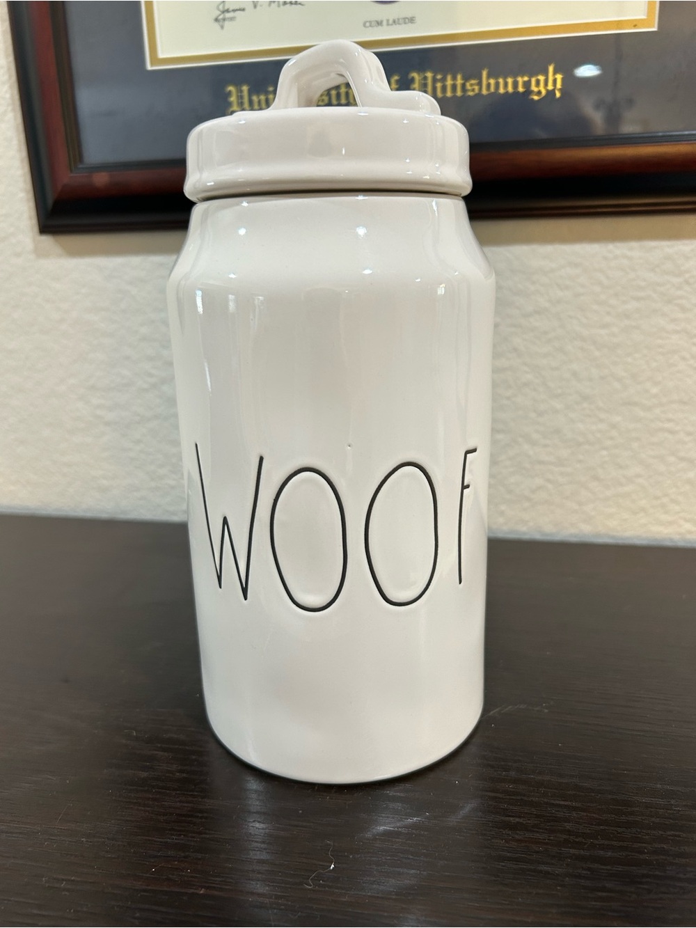 Rae Dunn White Ceramic "WOOF" Treat Jar canister